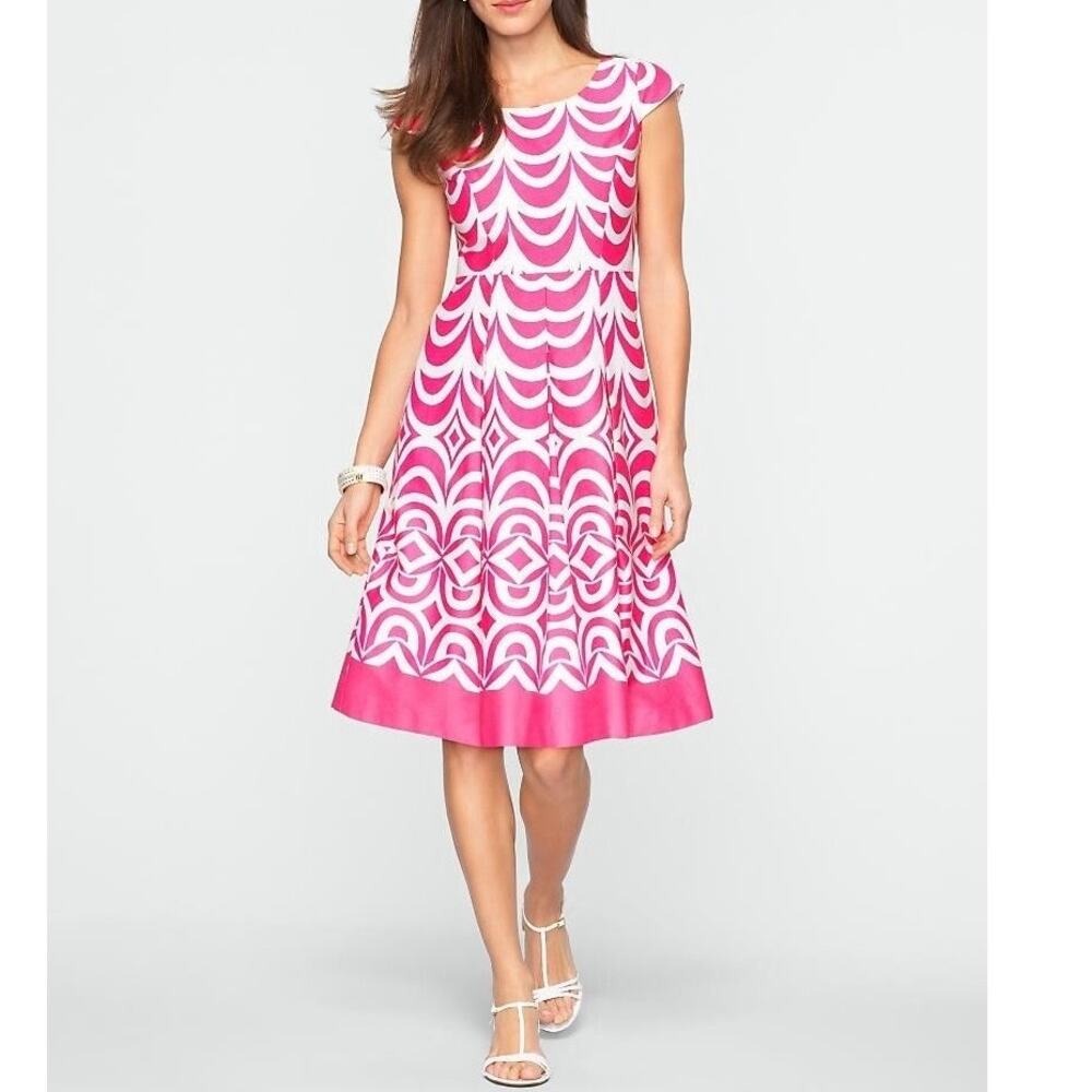 Talbots Women's Geometric Fit And Flare Dress Pink White Size 12 NWT